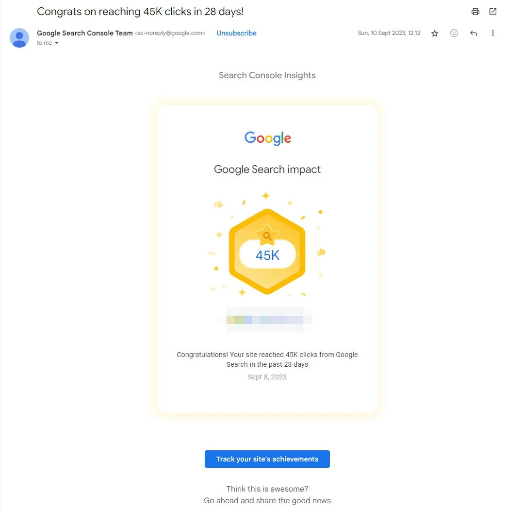 Google Search Console notice: 45K clicks in 28 days, September 2023