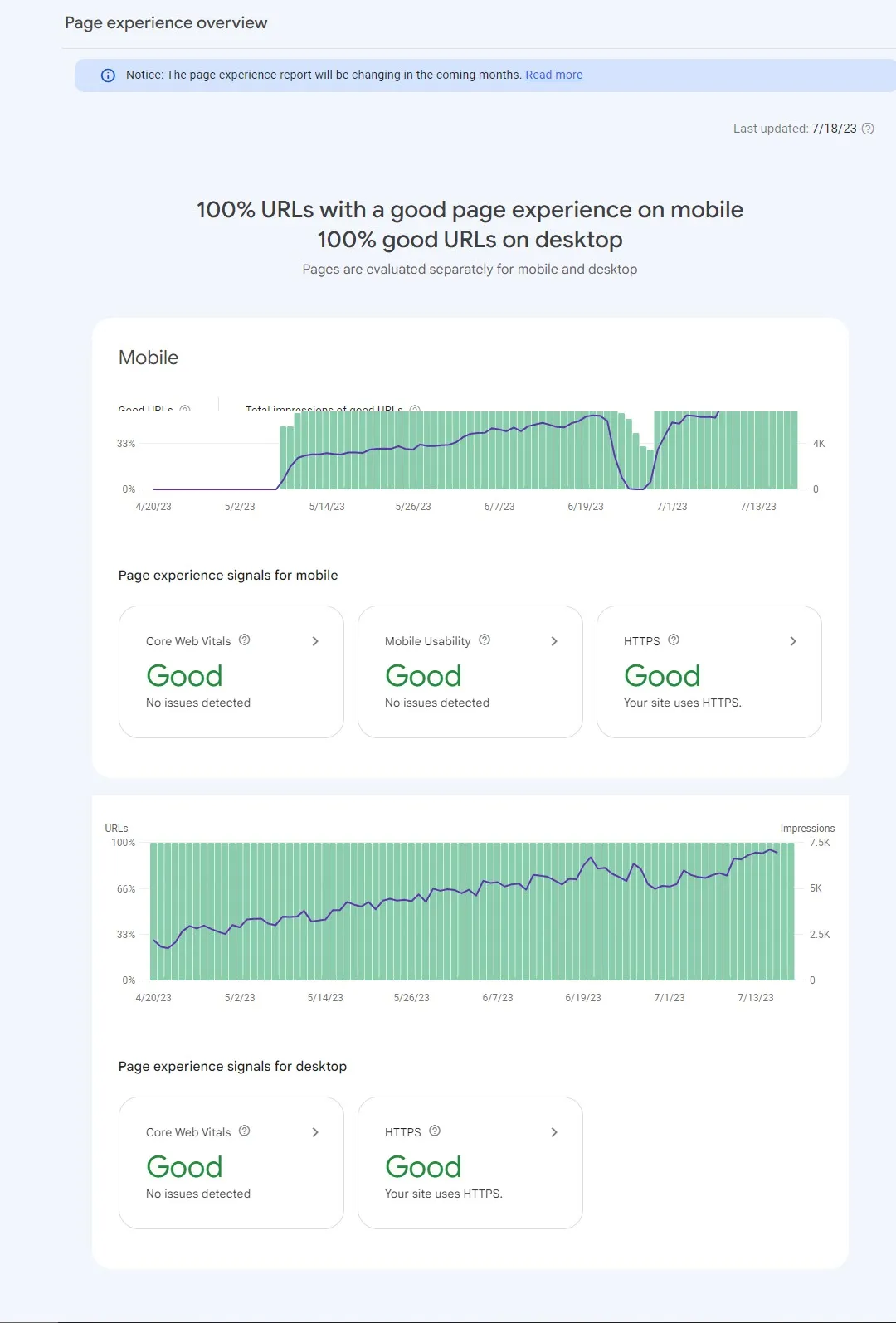 Search Console page experience report: 100% good URLs on mobile and desktop