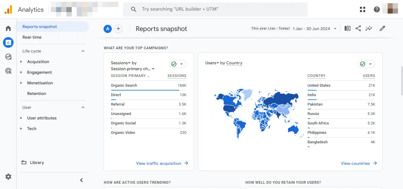 GA4 reports snapshot: 184K organic search sessions, January to June 2024, users across many countries